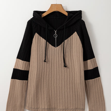 Parchment Textured Colorblock Long Sleeve Quarter Zip Drawstring Hooded Top