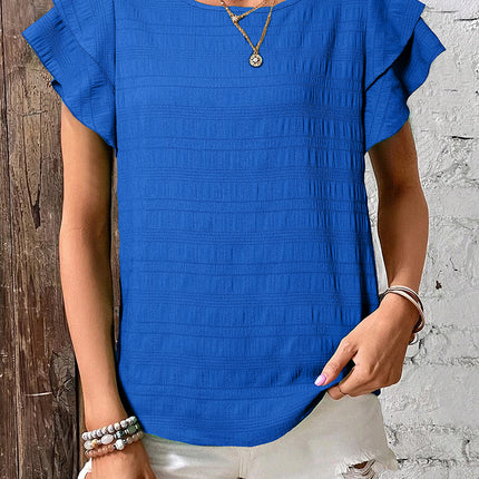 Dark Blue Textured Ruffled Sleeve Round Neck Top
