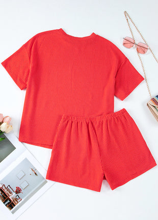 Ribbed Textured Knit Loose Fit Tee and Shorts Set