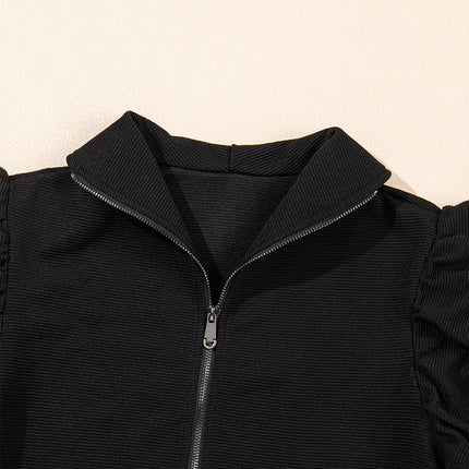 Black Textured Ruffled Sleeve Zipped Top and Wide Leg Pants Set