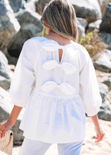 White Bow Knot Cutout Back Loose Fit 3/4 Sleeve Blouse
