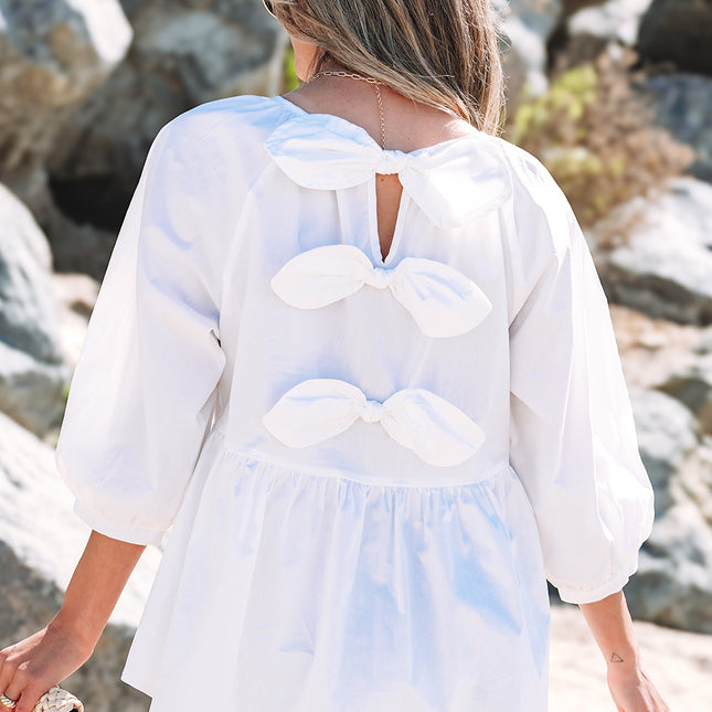 White Bow Knot Cutout Back Loose Fit 3/4 Sleeve Blouse