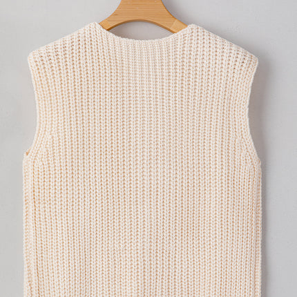 White Solid Textured Knit Side Pockets Buttoned Sweater Vest