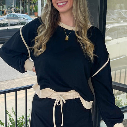 Black Color Contrast Loose Pullover and Lace-up Waist Skort Set