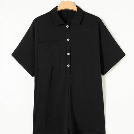 Black Romper Half Button Loose Collared