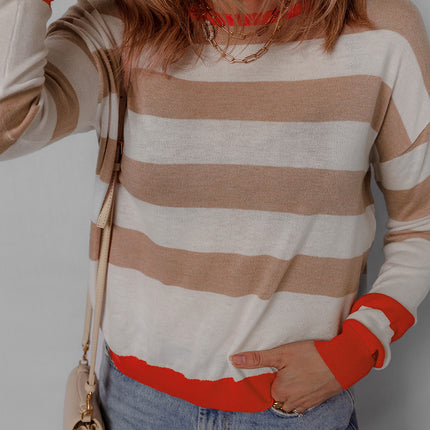 Apricot Colorblock Striped Round Neck Drop Shoulder Sweater