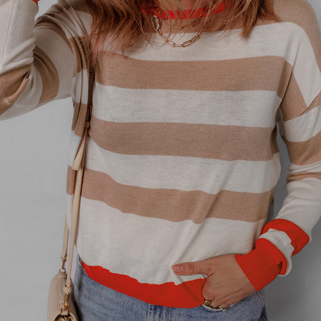 Apricot Colorblock Striped Round Neck Drop Shoulder Sweater