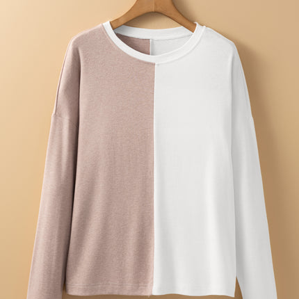 Khaki Colorblock Long Sleeve Crew Neck Top