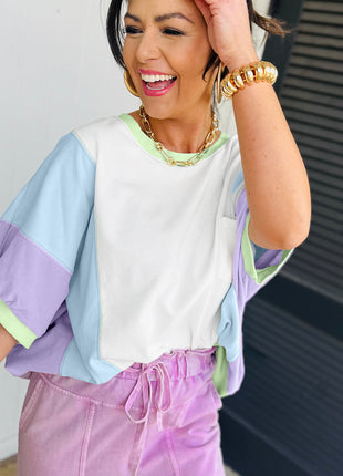 White Color Block Patchwork Half Sleeve Oversized T Shirt