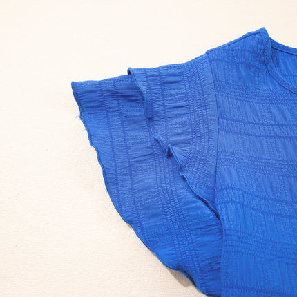 Dark Blue Textured Ruffled Sleeve Round Neck Top