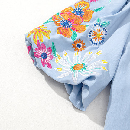 Beau Blue Floral Embroidered Puff Sleeve Split Neck Blouse