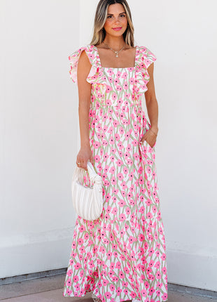 Pink Floral Print Square Neck Ruffled Strap Maxi Dress