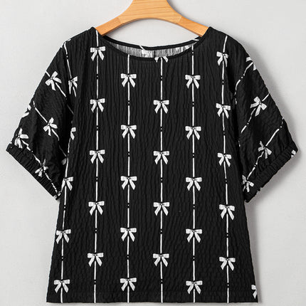 Black Bow Print Puff Short Sleeve Top