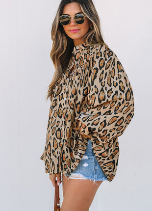 Light French Beige Oversized Leopard Print Balloon Sleeve Casual Shirt