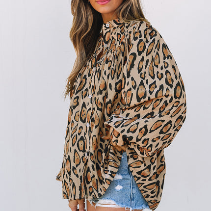 Light French Beige Oversized Leopard Print Balloon Sleeve Casual Shirt