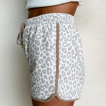 White Leopard Elastic Waistband Lace up Contrast Trim Casual Shorts
