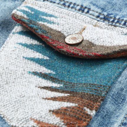 Multicolor Aztec Print Frayed Hem Denim Jacket
