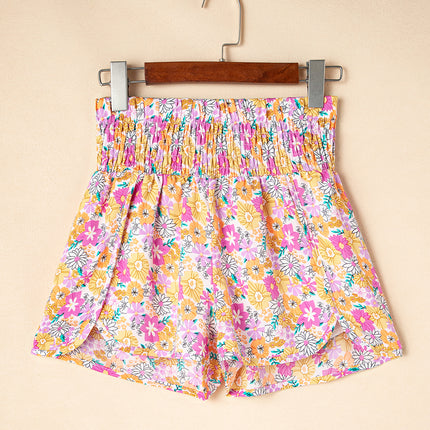 Pink Boho Floral Shirred High Waist Casual Shorts