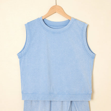 Myosotis 2 Pieces Mineral Wash Cotton Tank Top Lined Split Skirt Set