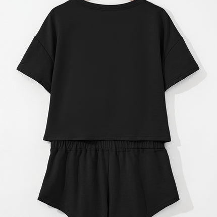 Black 2pcs Cropped Tee and Ruffle High Waist Skort Set