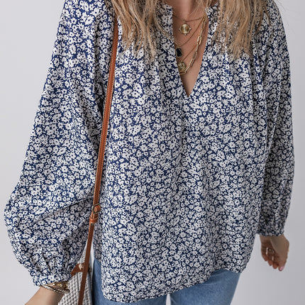 Blue Floral Print Notched V Neck Puff Sleeve Blouse
