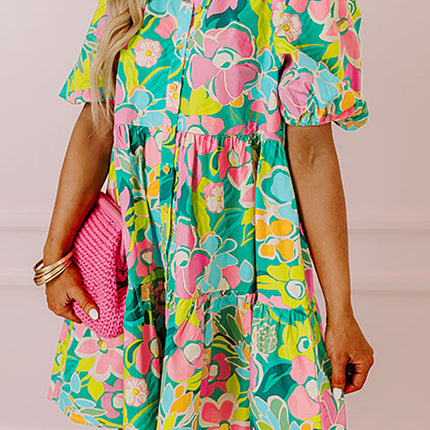 Green Floral Puff Sleeve Collar Buttoned Babydoll Dress