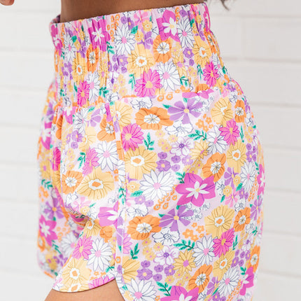 Pink Boho Floral Shirred High Waist Casual Shorts