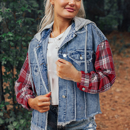Beau Blue Plaid Print Patchwork Hooded Raw Hem Denim Jacket