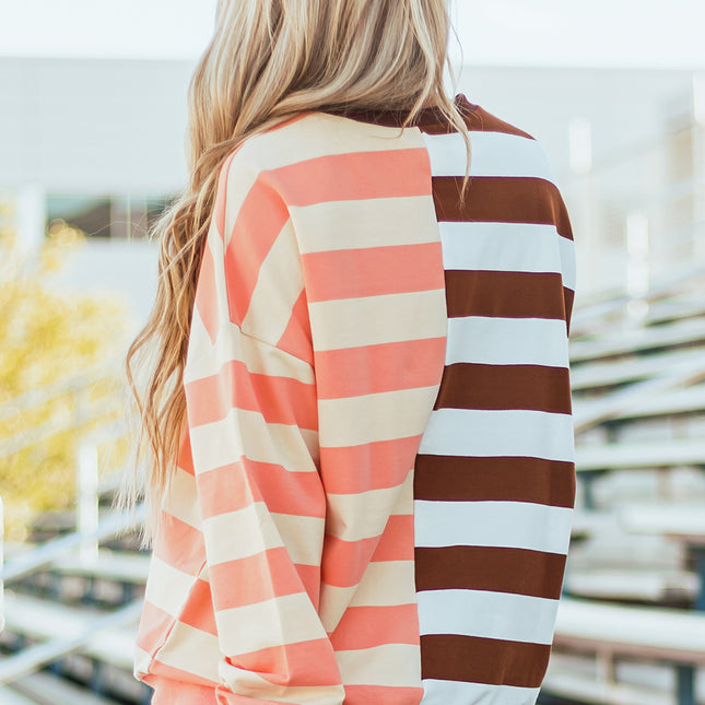Brown Stripe Color Block Drop Shoulder Pullover Sweatshirt