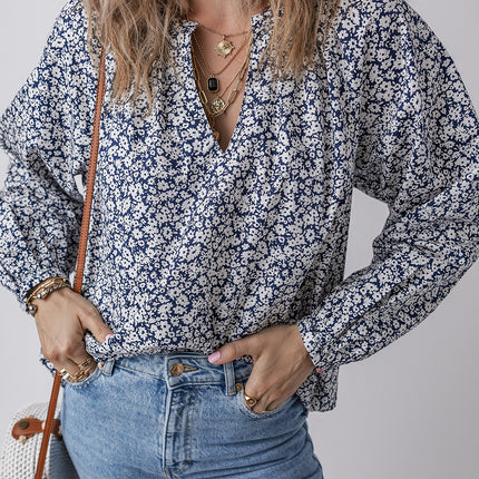 Blue Floral Print Notched V Neck Puff Sleeve Blouse