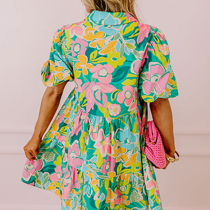 Green Floral Puff Sleeve Collar Buttoned Babydoll Dress