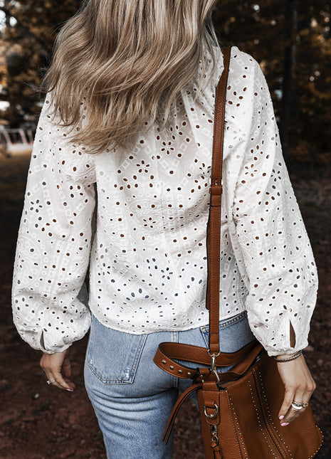 White Eyelet Embroidered Puff Sleeve V Neck Blouse