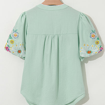 Clearly Aqua Floral Embroidered Puff Sleeve Split Neck Blouse