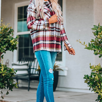 Fiery Red Geometric Plaid Print Pocketed Shacket