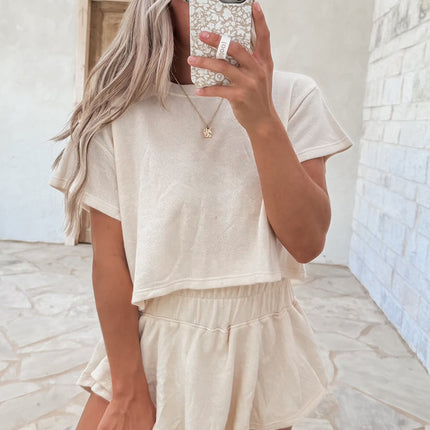 Beige 2pcs Cropped Tee and Ruffle High Waist Skort Set
