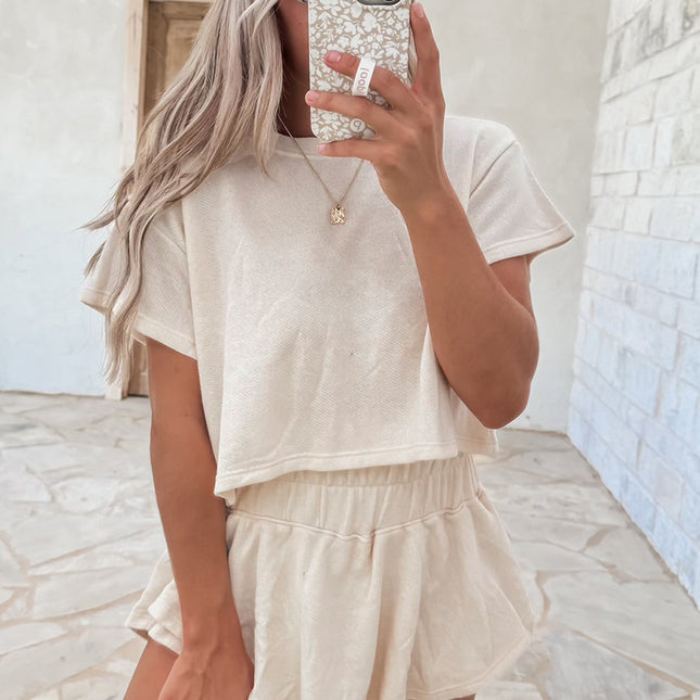 Beige 2pcs Cropped Tee and Ruffle High Waist Skort Set
