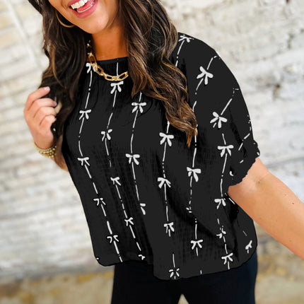 Black Bow Print Puff Short Sleeve Top
