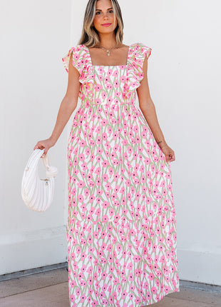 Pink Floral Print Square Neck Ruffled Strap Maxi Dress