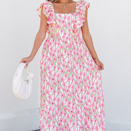 Pink Floral Print Square Neck Ruffled Strap Maxi Dress