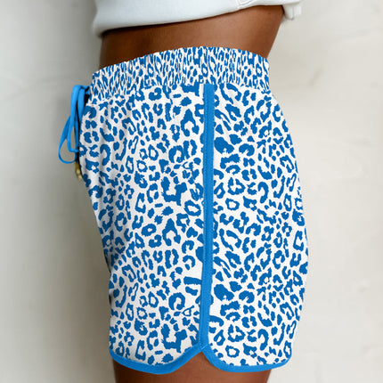 Blue Leopard Elastic Waistband Lace up Contrast Trim Casual Shorts