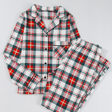 Red Christmas Plaid Print Two Piece Long Sleeve Pajamas Set