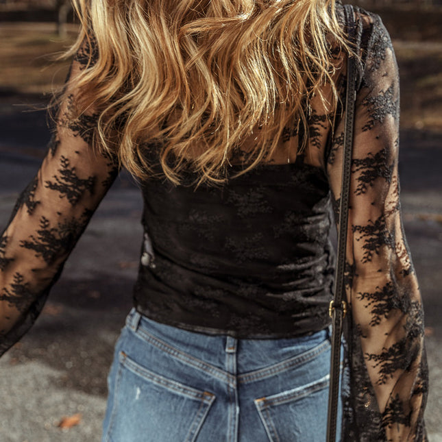 Black Lace Mesh Crochet Splicing Slim Fit Long Sleeve Blouse