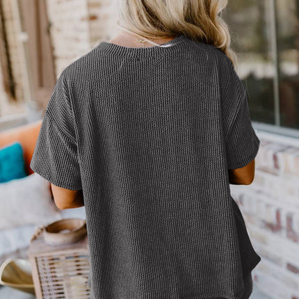 Carbon Grey Ribbed Textured Knit Loose Fit Tee and Shorts Set
