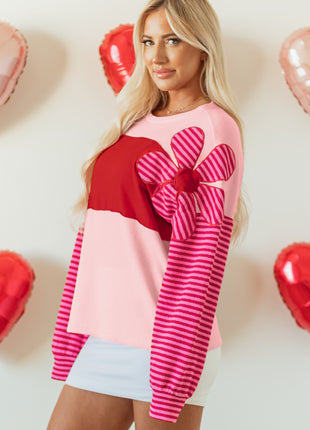 Pink Floral Patch Color Block Striped Sleeve Textured Top