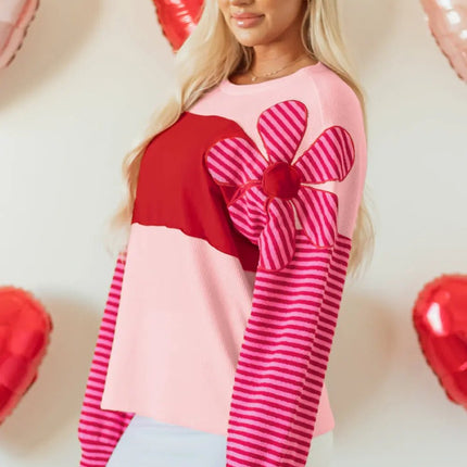 Pink Floral Patch Color Block Striped Sleeve Textured Top Dear-Lover Dropshipping