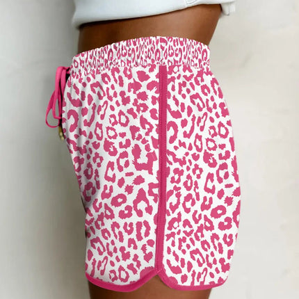 Pink Leopard Elastic Waistband Lace up Contrast Trim Casual Shorts Dear-Lover Dropshipping