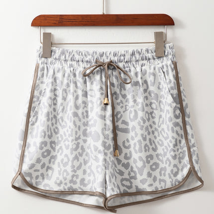 White Leopard Elastic Waistband Lace up Contrast Trim Casual Shorts