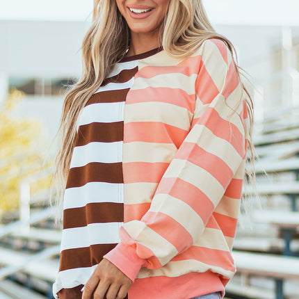 Brown Stripe Color Block Drop Shoulder Pullover Sweatshirt
