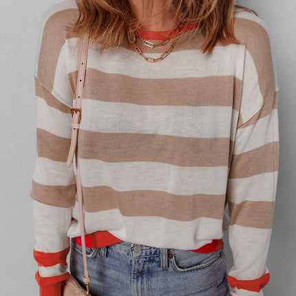 Apricot Colorblock Striped Round Neck Drop Shoulder Sweater