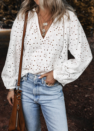White Eyelet Embroidered Puff Sleeve V Neck Blouse